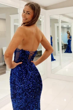 Royal Blue Sparkly Strapless Mermaid Prom Dress with Sequins