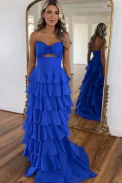 Royal Blue Sweetheart A-Line Tiered Long Prom Dress with Slit