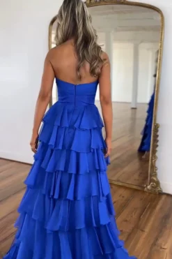 Royal Blue Sweetheart A-Line Tiered Long Prom Dress with Slit
