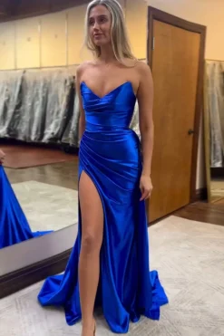 Royal Blue V Neck Mermaid Ruched Long Prom Dress with Slit