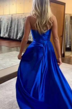 Royal Blue V Neck Mermaid Ruched Long Prom Dress with Slit