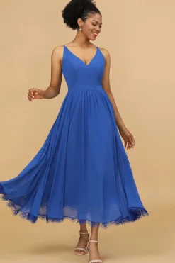 Royal Blue V-Neck Chiffon Bridesmaid Dress