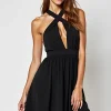 Ruched Hollow Out Knee Length Halter A Line Black Tie Dress