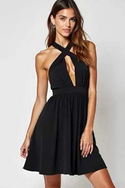 Ruched Hollow Out Knee Length Halter A Line Black Tie Dress