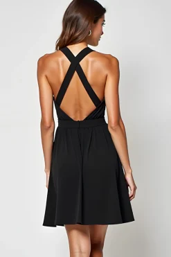 Ruched Hollow Out Knee Length Halter A Line Black Tie Dress