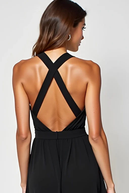 Ruched Hollow Out Knee Length Halter A Line Black Tie Dress