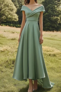 Sage Off The Shoulder Slim Formal Dress with Wide Hem