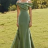 Sage Slim Off The Shoulder Draped Neck Long Fishtail Formal Dress with Wide Hem