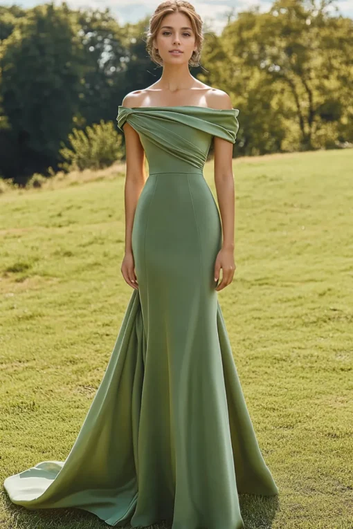 Sage Slim Off The Shoulder Draped Neck Long Fishtail Formal Dress with Wide Hem