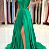 Satin A Line Strapless Green Prom Dress with Slit