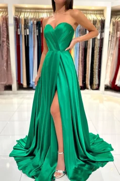 Satin A Line Strapless Green Prom Dress with Slit