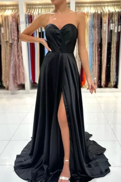 Satin A Line Strapless Green Prom Dress with Slit