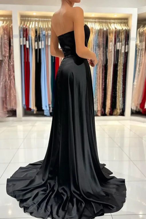 Satin A Line Strapless Green Prom Dress with Slit