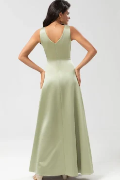 Satin Green Bridesmaid Dress with Pleated