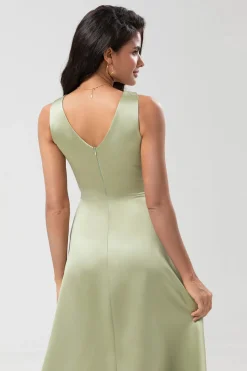 Satin Green Bridesmaid Dress with Pleated