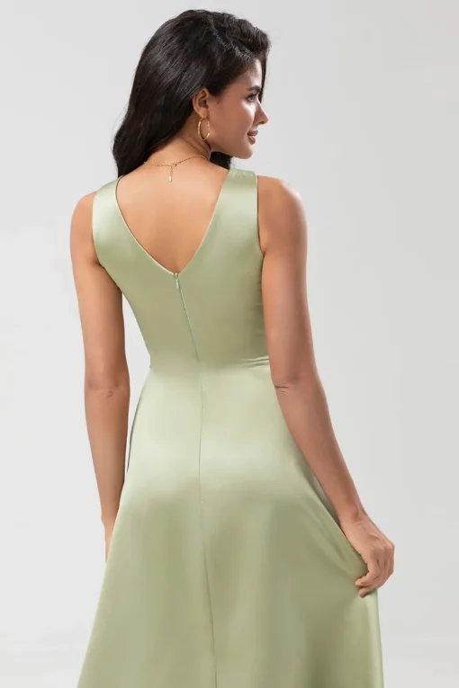 Satin Green Bridesmaid Dress with Pleated