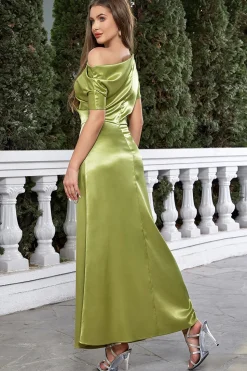 Satin Short Sleeves Matcha Formal Dress