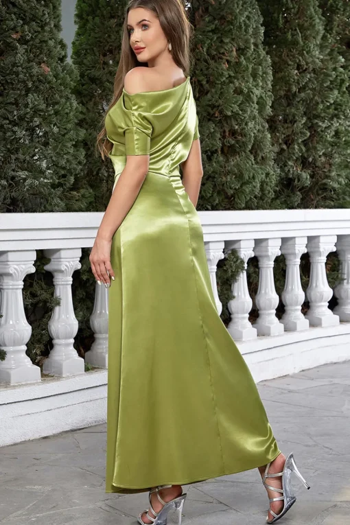 Satin Short Sleeves Matcha Formal Dress