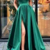 Satin Spaghetti Straps A-line Prom Dress with Slit