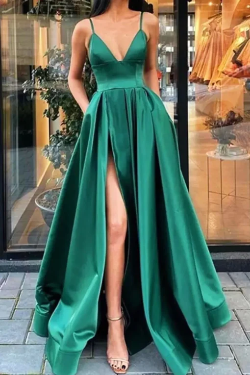 Satin Spaghetti Straps A-line Prom Dress with Slit