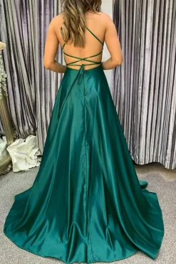 Satin Spaghetti Straps A-line Prom Dress with Slit