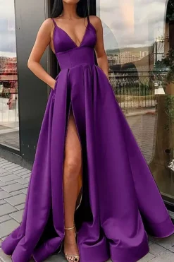 Satin Spaghetti Straps A-line Prom Dress with Slit