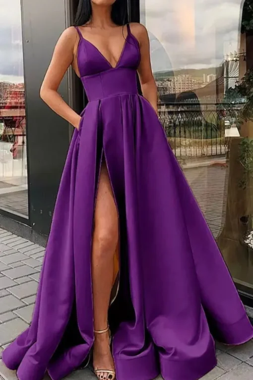 Satin Spaghetti Straps A-line Prom Dress with Slit