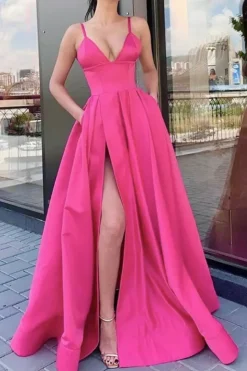 Satin Spaghetti Straps A-line Prom Dress with Slit