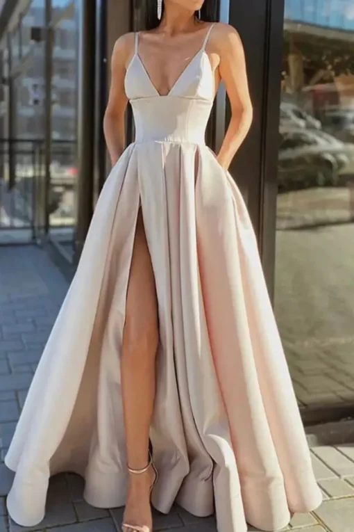 Satin Spaghetti Straps A-line Prom Dress with Slit