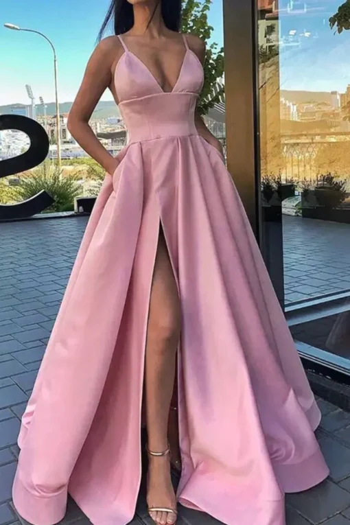 Satin Spaghetti Straps A-line Prom Dress with Slit