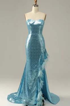 Sequin Feathers Strapless Prom Dress with Slit