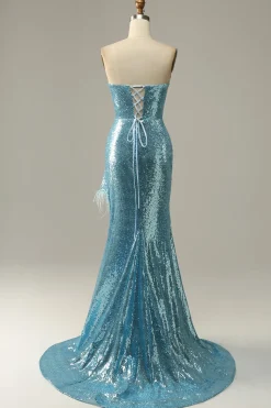 Sequin Feathers Strapless Prom Dress with Slit