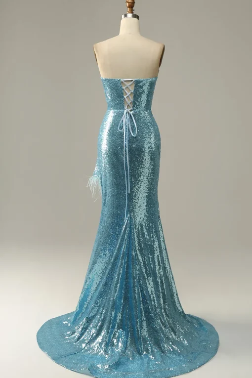 Sequin Feathers Strapless Prom Dress with Slit
