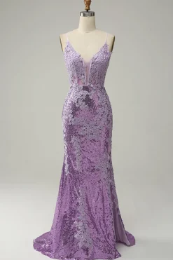 Sequin Purple Glitter Mermaid Prom Dress with Appliques
