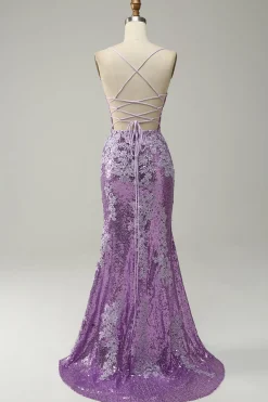 Sequin Purple Glitter Mermaid Prom Dress with Appliques