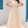 Sequins A Line Tulle Apricot Prom Dress with Lace