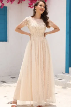 Sequins A Line Tulle Apricot Prom Dress with Lace