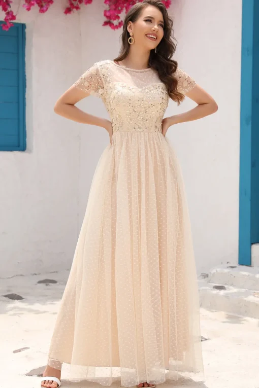 Sequins A Line Tulle Apricot Prom Dress with Lace