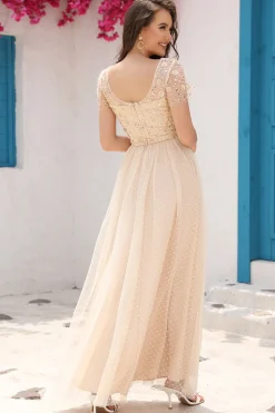 Sequins A Line Tulle Apricot Prom Dress with Lace