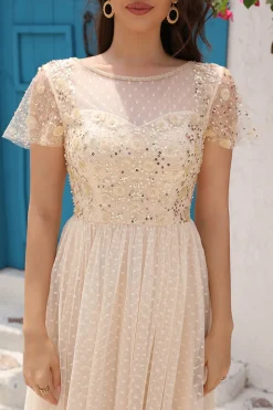 Sequins A Line Tulle Apricot Prom Dress with Lace