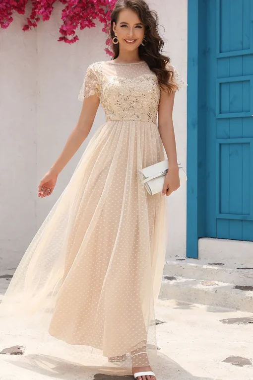 Sequins A Line Tulle Apricot Prom Dress with Lace