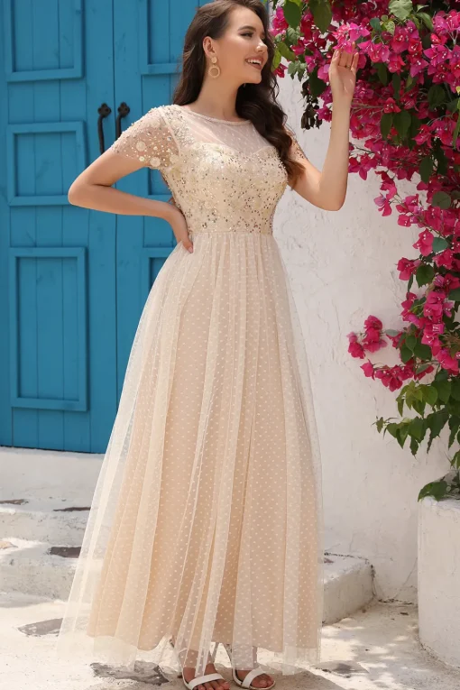 Sequins A Line Tulle Apricot Prom Dress with Lace