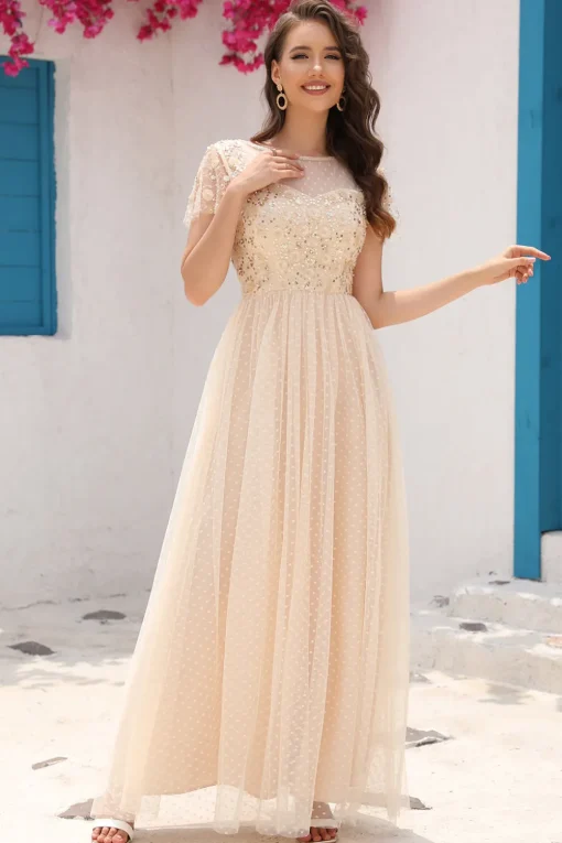 Sequins A Line Tulle Apricot Prom Dress with Lace