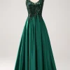 Sequins Dark Green A-Line Spaghetti Straps Long Prom Dress