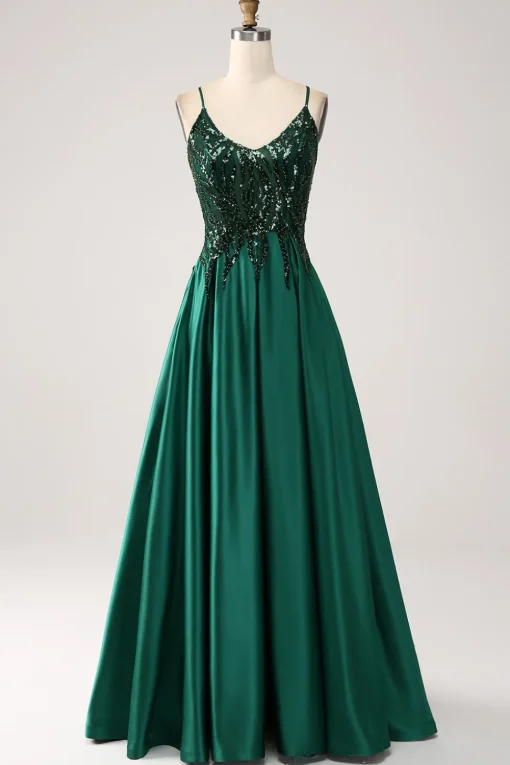 Sequins Dark Green A-Line Spaghetti Straps Long Prom Dress