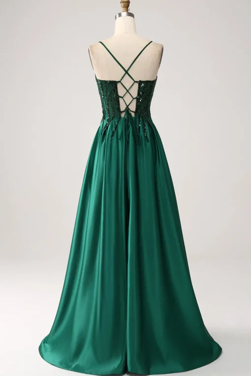 Sequins Dark Green A-Line Spaghetti Straps Long Prom Dress