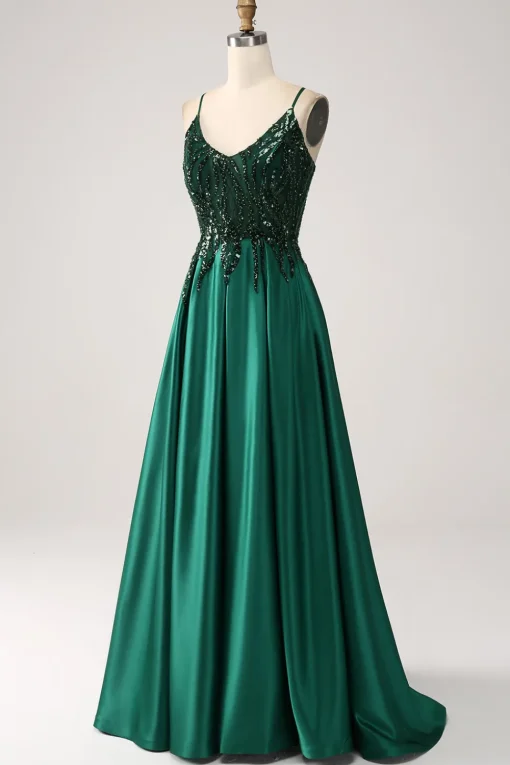 Sequins Dark Green A-Line Spaghetti Straps Long Prom Dress