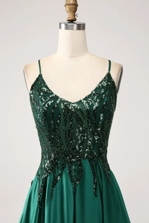 Sequins Dark Green A-Line Spaghetti Straps Long Prom Dress