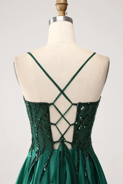 Sequins Dark Green A-Line Spaghetti Straps Long Prom Dress