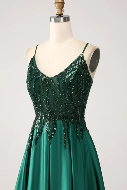 Sequins Dark Green A-Line Spaghetti Straps Long Prom Dress